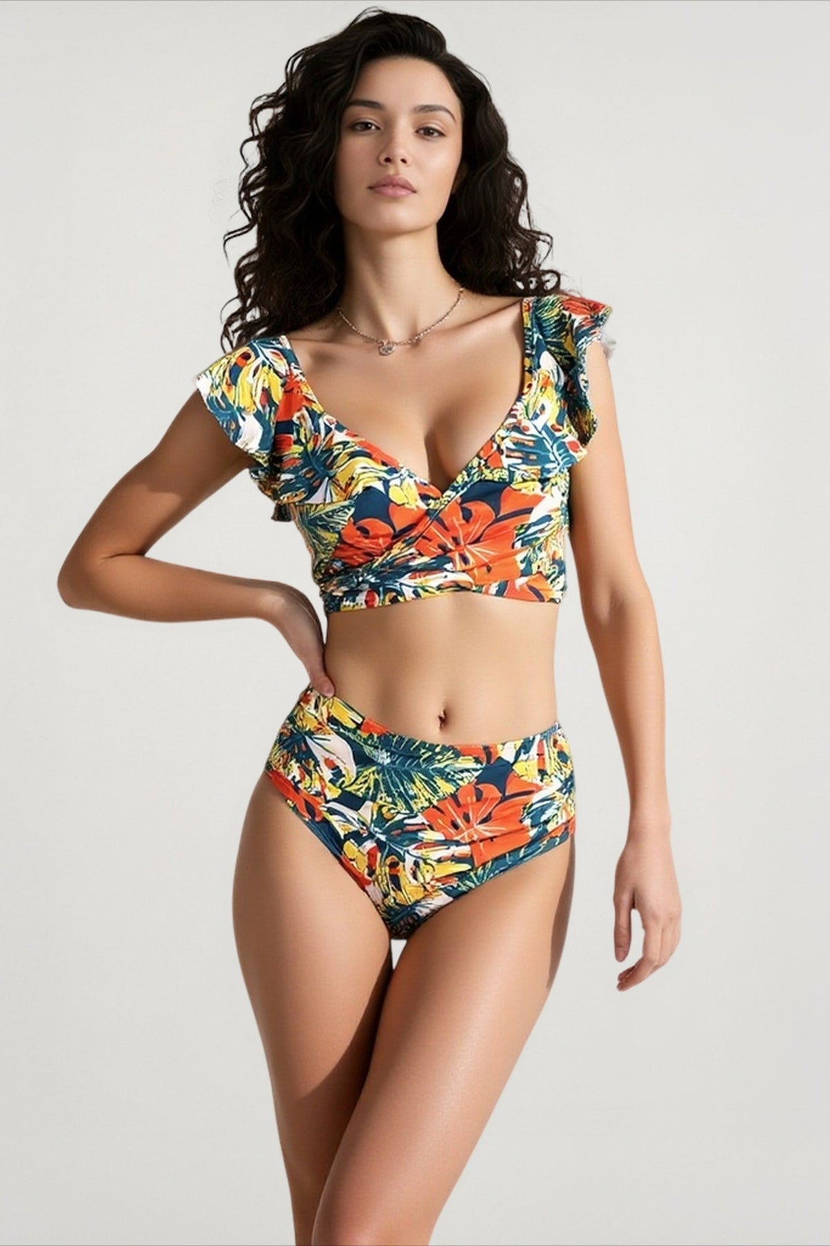 Tropical Print Ruffle Sleeve Wrap Top and High Waist Bottom Bikini Set