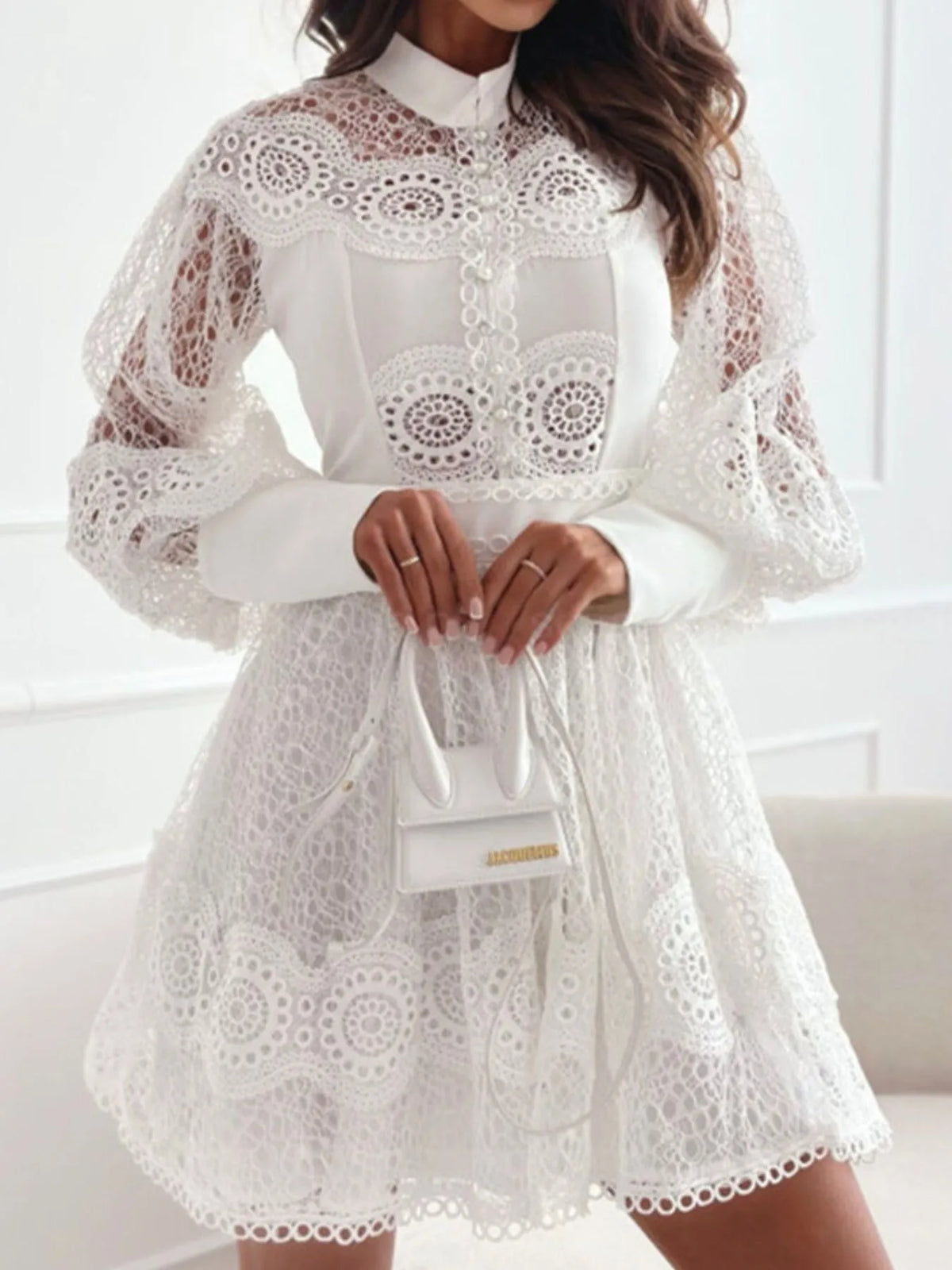 Lace Lantern Sleeve Mini Dress