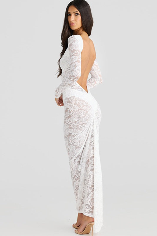 Lace Long Sleeve Open Back Ruched Bodycon Maxi Dress
