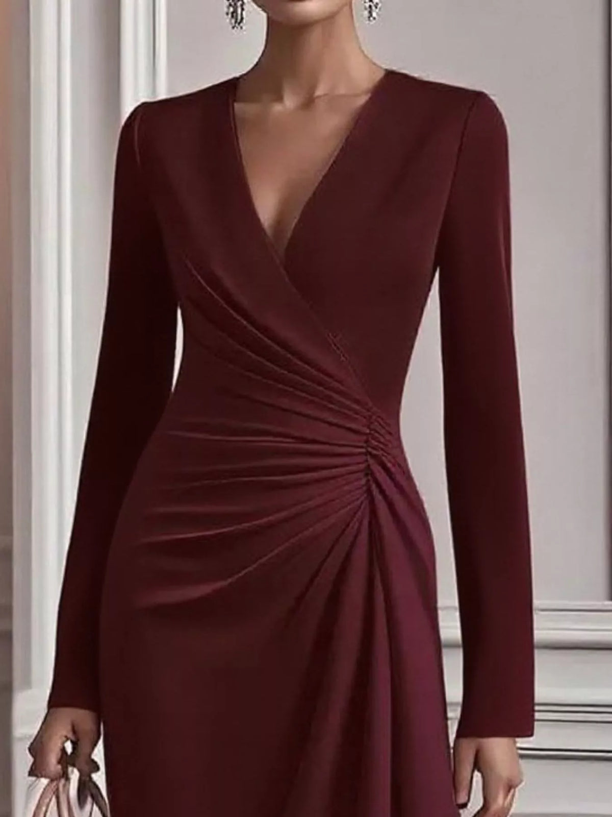 Satin Surplice V-Neck Long Sleeve Ruched Side Wrap Midi Dress 11