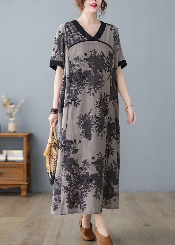 Floral Print V-Neck Contrast Trim Short Sleeve Pocket Oversized Maxi Dress