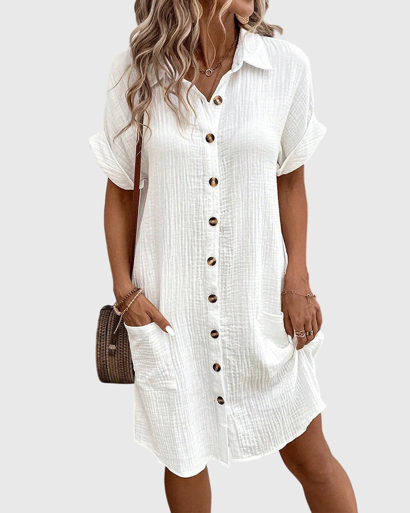 Button Front Short Sleeve Collared Pocket Shirt Dress