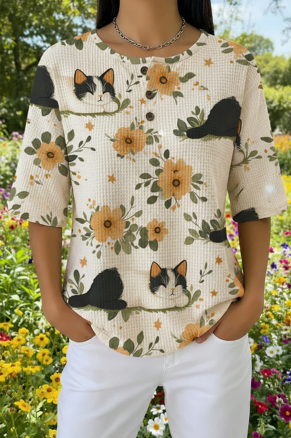 Cat Floral Print Waffle Knit Button Henley Short Sleeve Top