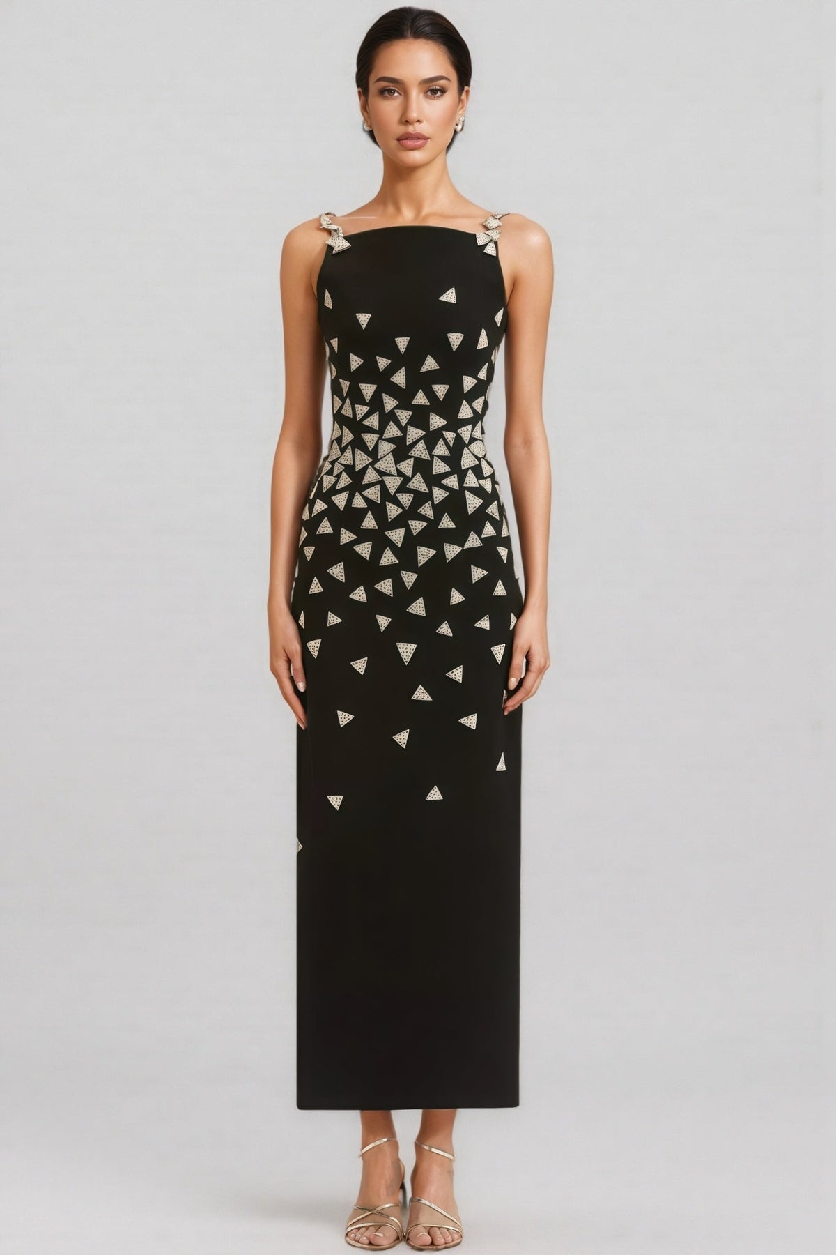 Square Neck Embellished Strap Beaded Triangle Column Maxi Dress