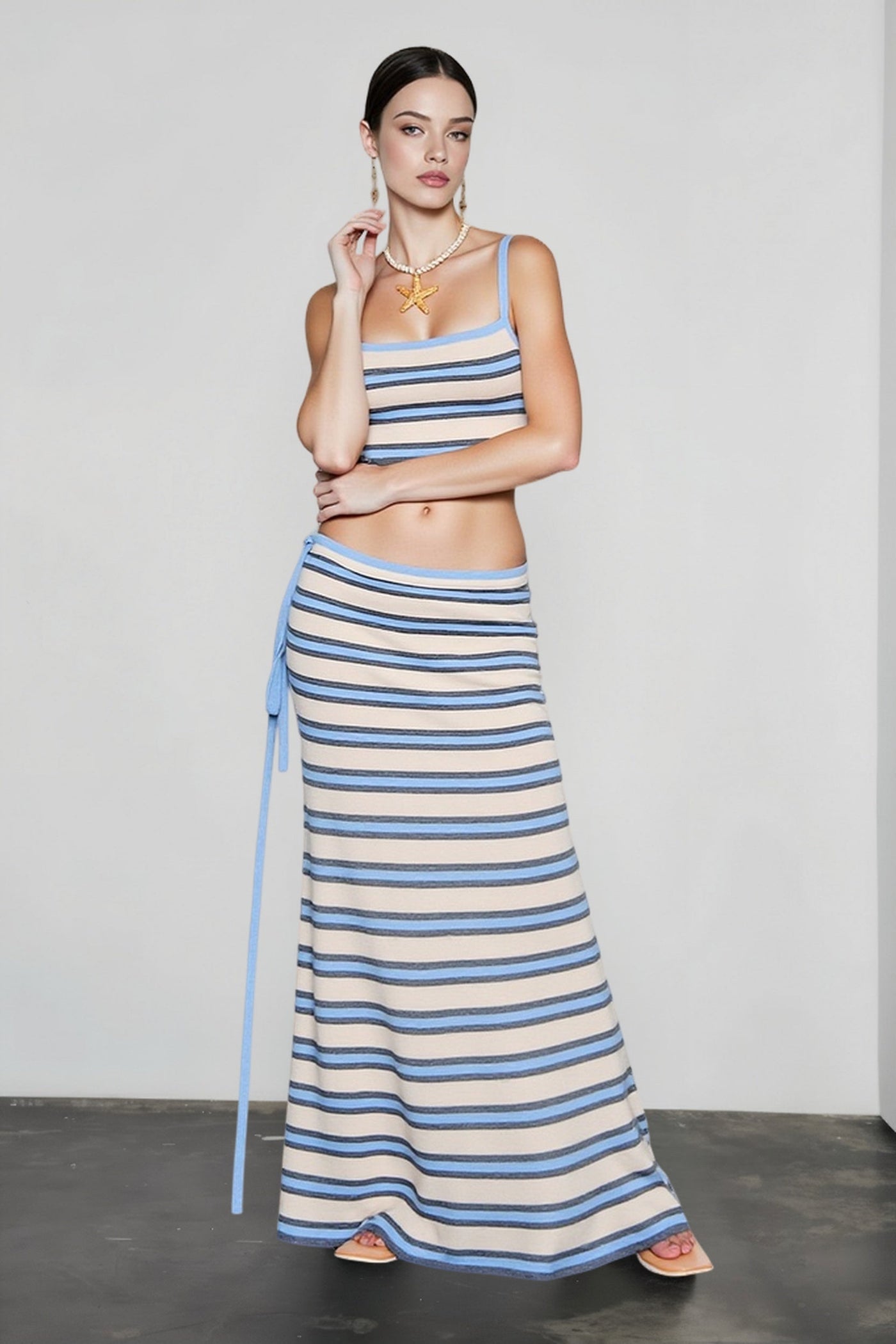 Knit Stripe Crop Camisole High Waist Tie Skirt Vacation Set
