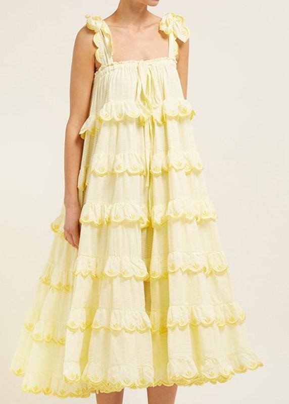 Spaghetti Strap Tiered Ruffle Scallop Embroidered Low Back Maxi Dress