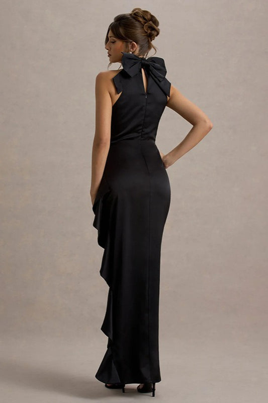 Satin High Neck Bow Back Ruched Ruffle High Split Gown