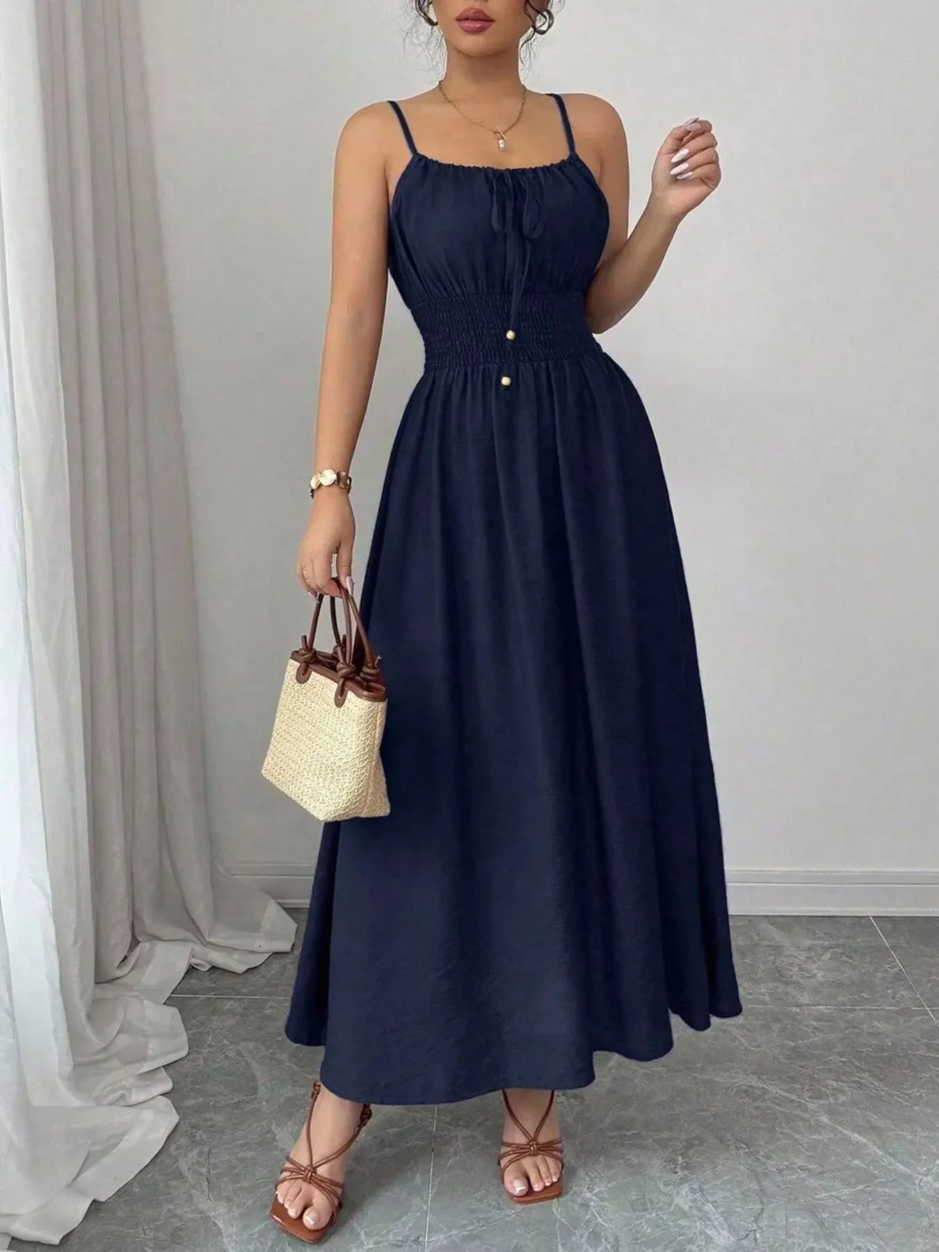 Smocked Spaghetti Strap Midi Dress