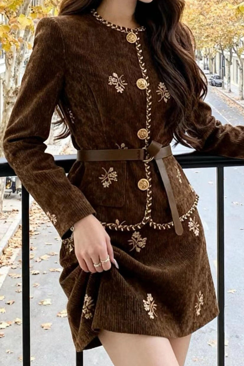 Floral Embroidered Corduroy Button Front Jacket and Mini Skirt Two Piece Set