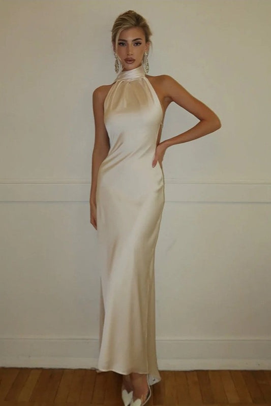 Halter Sash Open Back Reception Dress