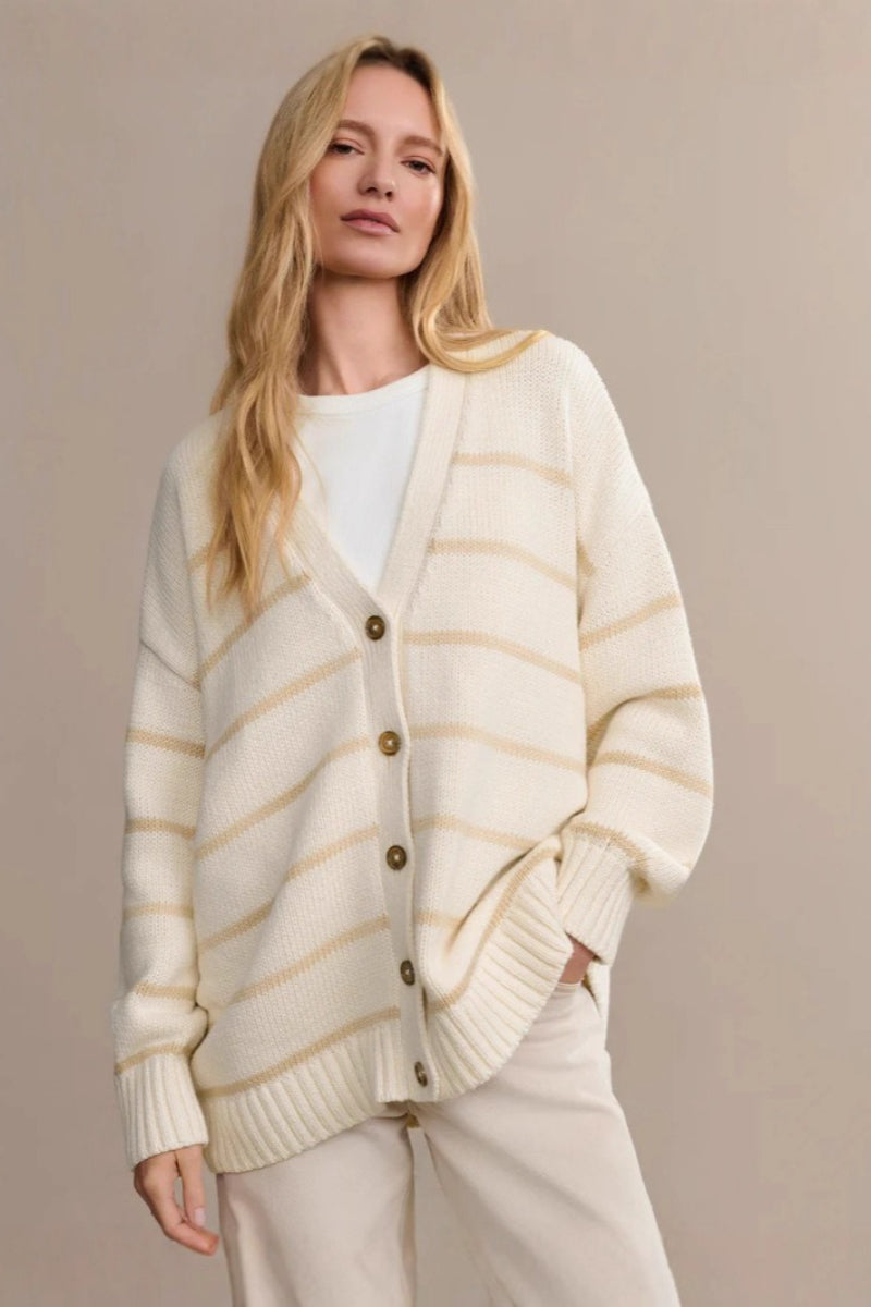 Striped V-Neck Drop Shoulder Button Front Oversized Longline Cardigan