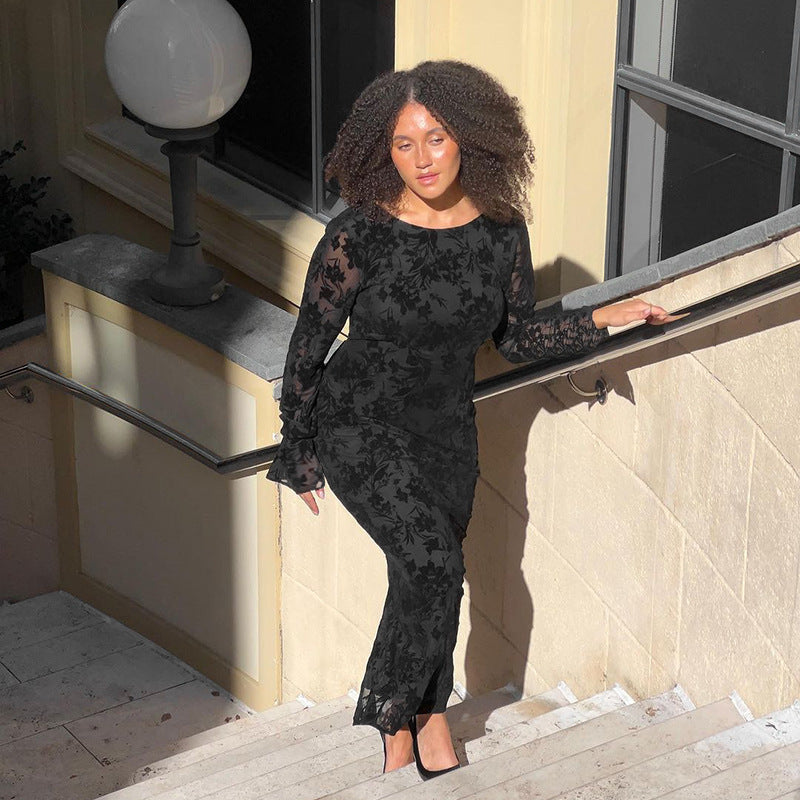 Flocked Floral Mesh Crew Neck Long Sleeve Backless Maxi Dress