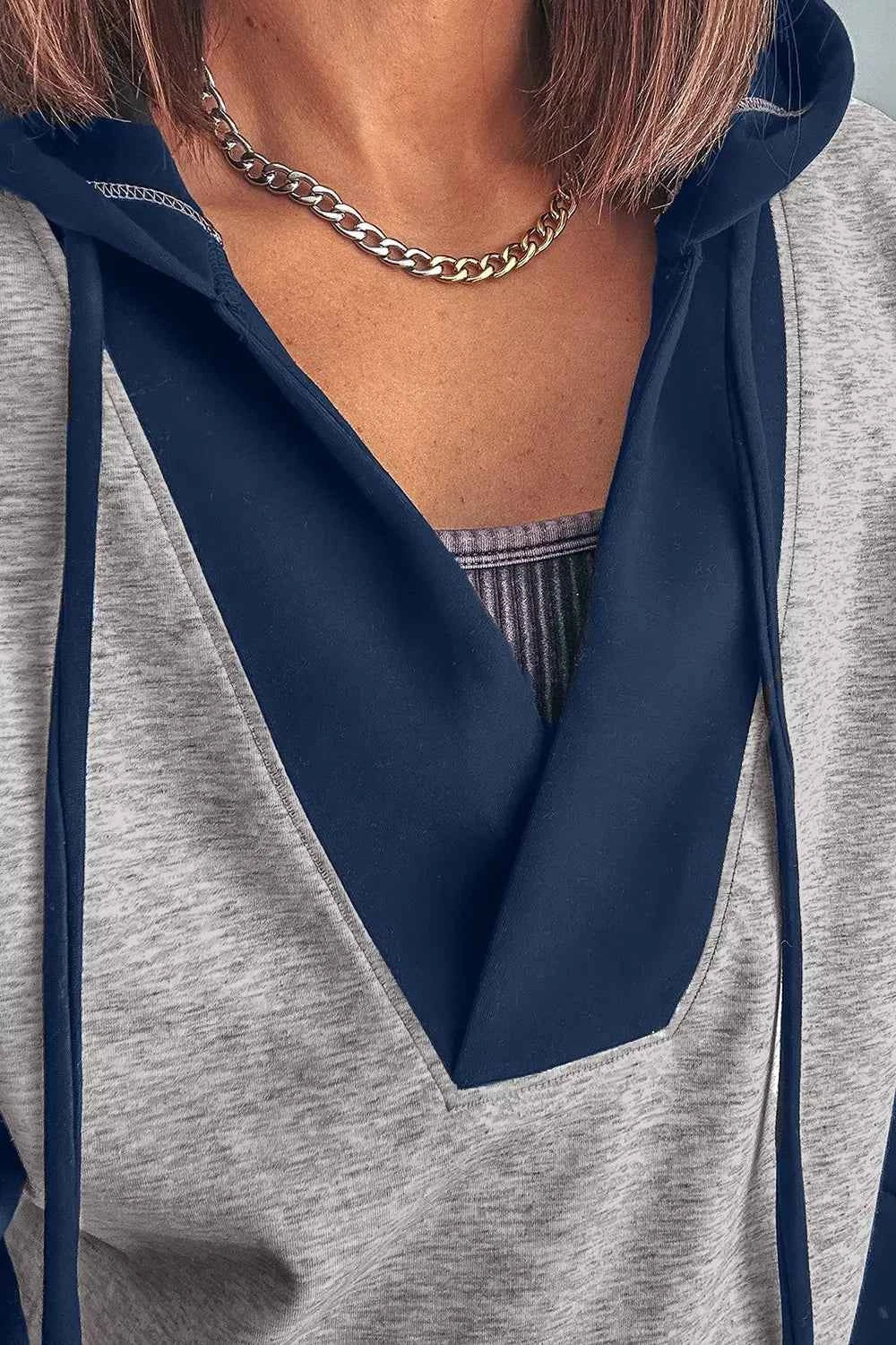 Color Block Patchwork V Neck Drawstring Hoodie