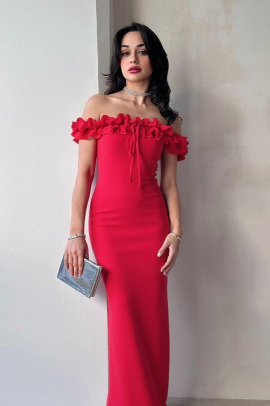 Off Shoulder Ruffle Trim Tie Front Bodycon Maxi Dress