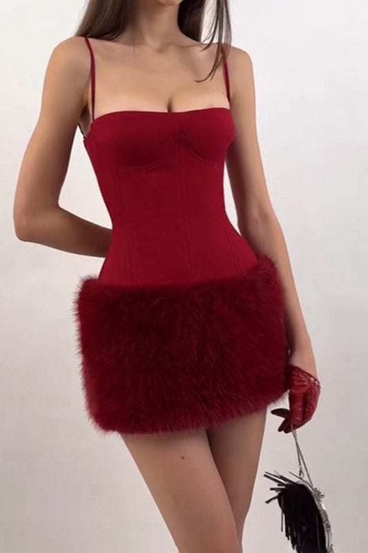 Corset Spaghetti Strap Feather Trim Mini Party Dress