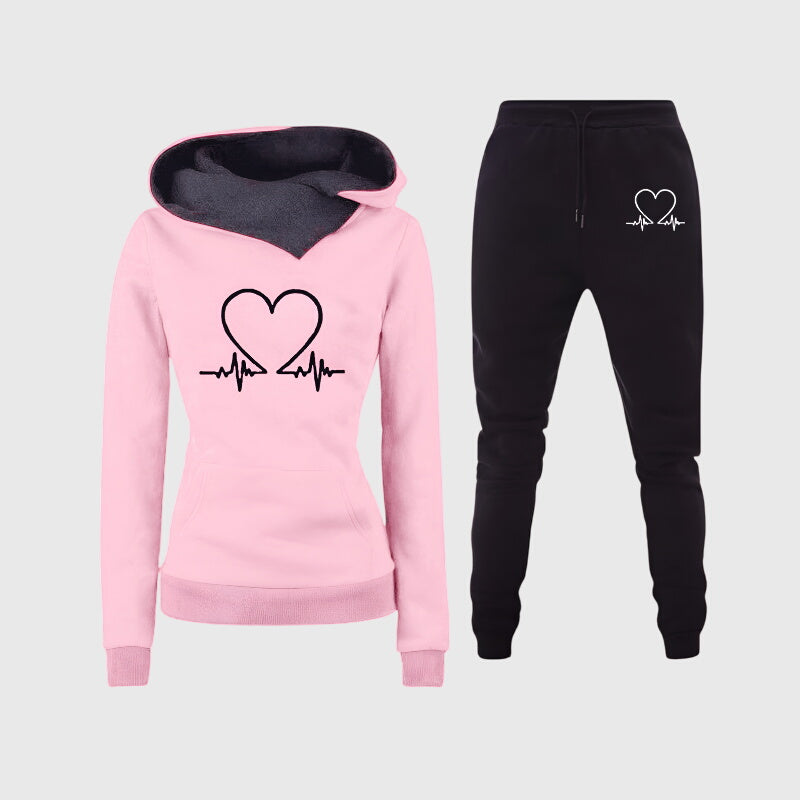 Heart Print Hooded Sweatshirt and Joggers Two Piece Set