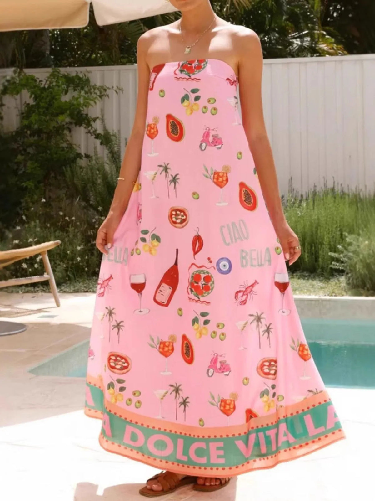 Novelty Print Strapless Border Hem A-Line Maxi Dress 3