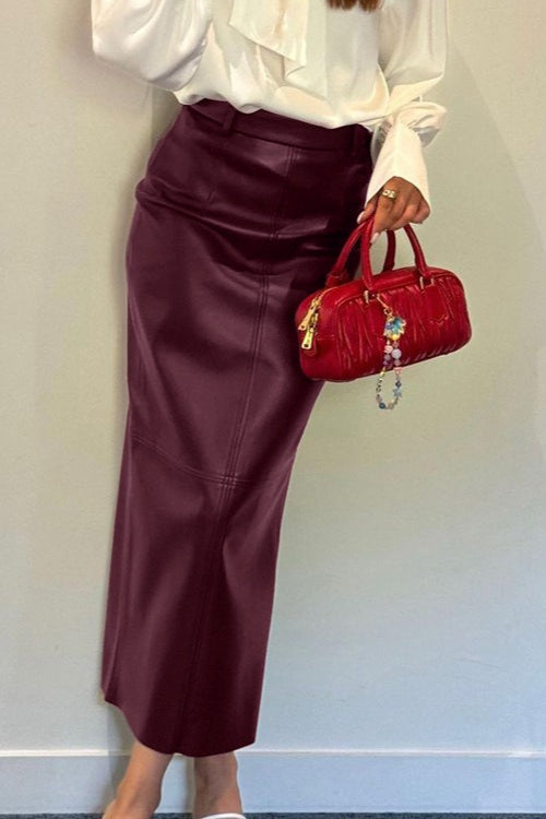 High Waist Faux Leather Front Seam Bodycon Maxi Skirt 3