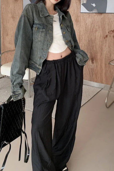 Cropped Solid Denim Jacket