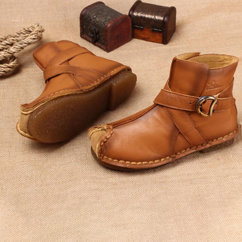 National Style Leather Short Boots For Women Buckle Decoration Green/Black/Brown