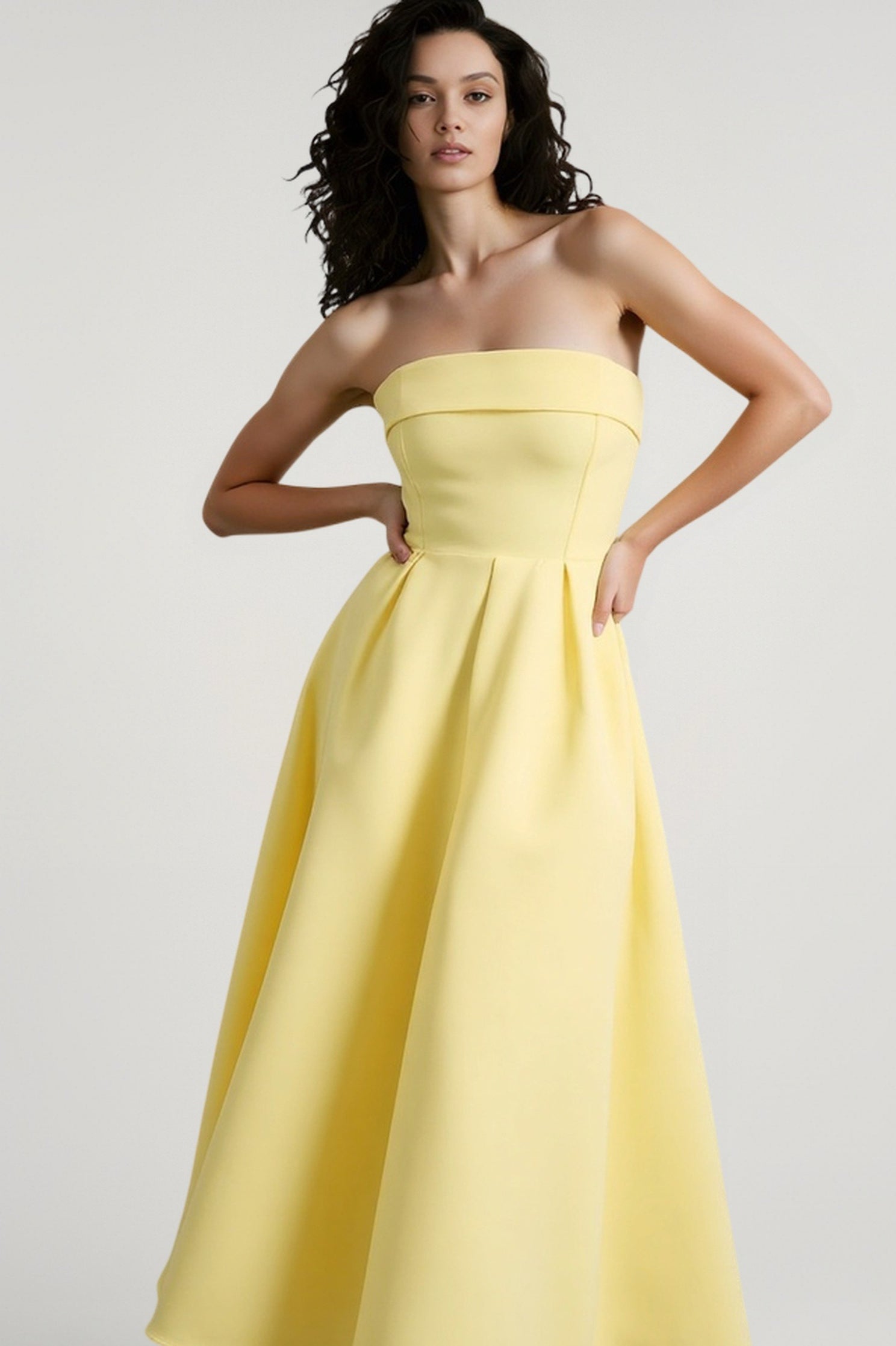 Strapless Fold Over Neck Pleated Fit and Flare Midi Cocktail Dress