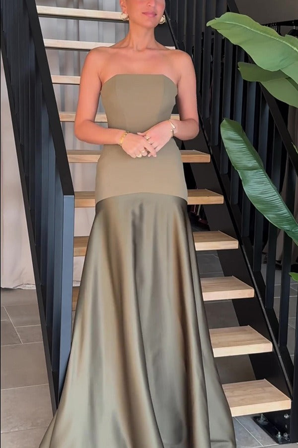 Strapless Satin Paneled A-Line Gown