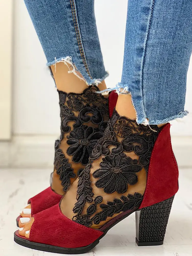 Black Floral Lace Mesh Block Heel Sandals Boots