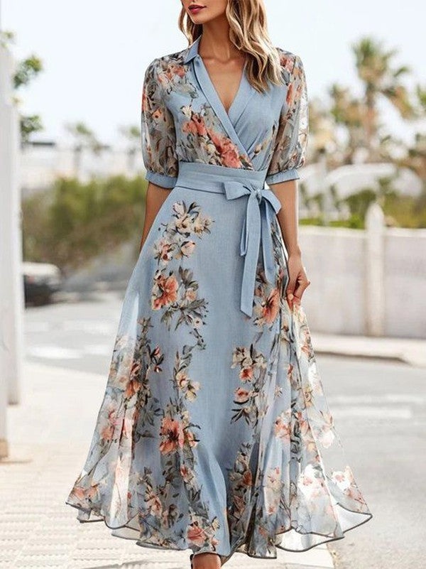 Floral Print Wrap V-Neck Puff Elbow Sleeve Tie Belt Pleated Maxi Dress