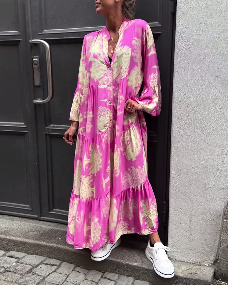 Tie Dye V-Neck Mandarin Collar Button Front Ruffle Cuff Tiered Long Sleeve Maxi Dress