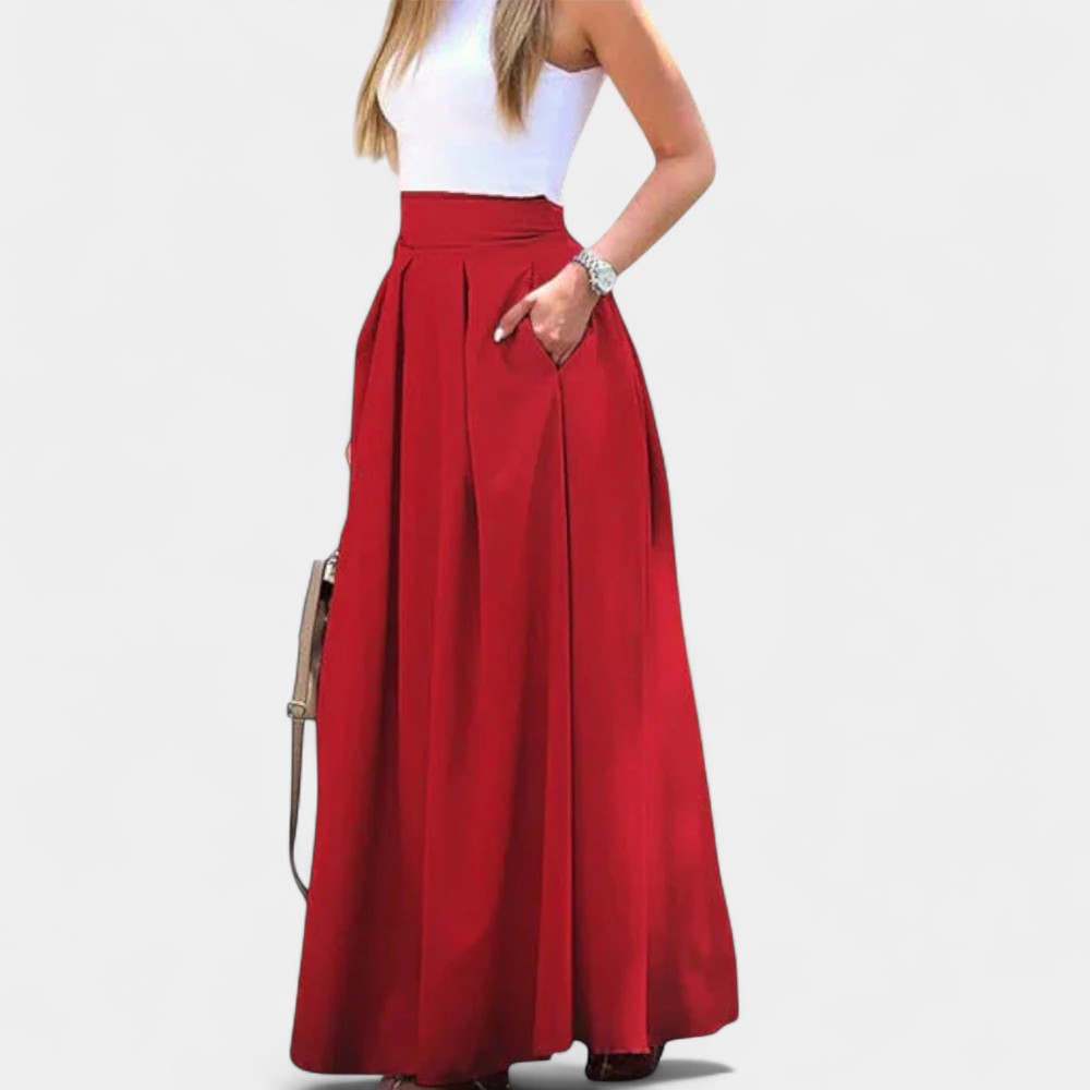 High Waist Pleated Pocket Flared Maxi Skirt