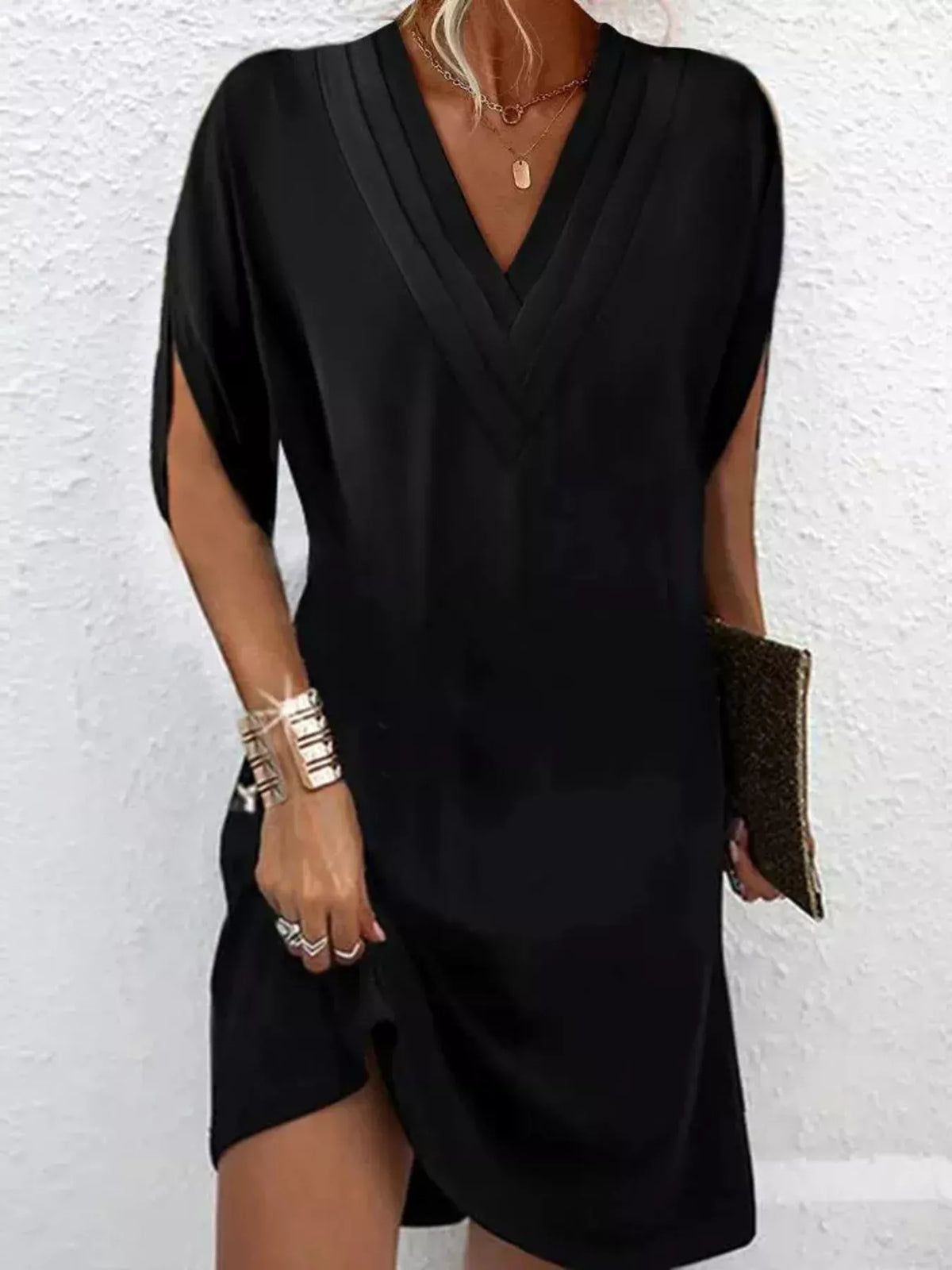 Pleated V-Neck Split Sleeve Relaxed Shift Mini Dress 4