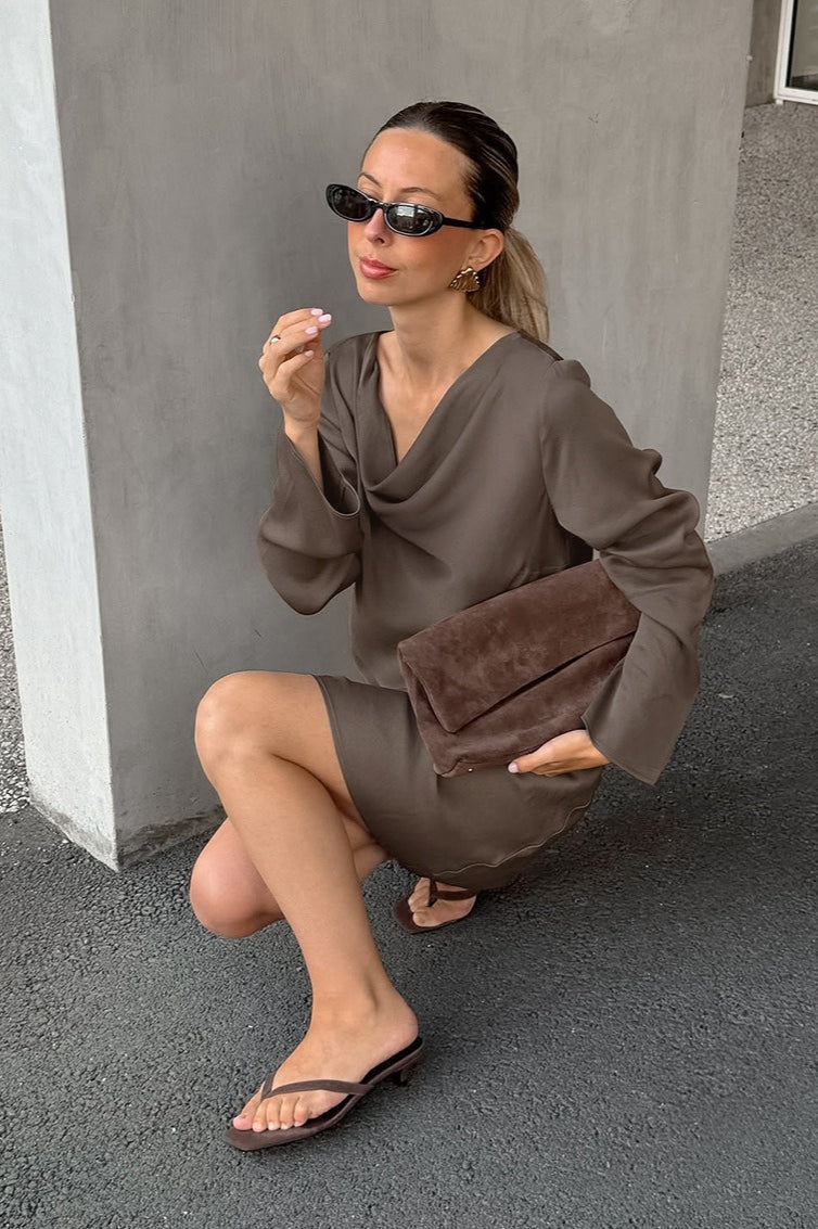 Vintage Satin Cowl Neck Long Sleeve Mini Dress - View 3
