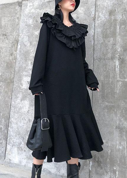 Tiered Ruffle Collar Long Sleeve Ribbed Cuff Flounce Hem Midi Dress