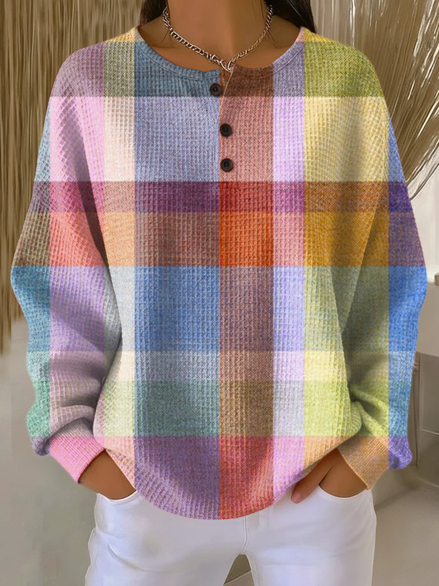 Plaid Waffle Knit Button Henley Long Sleeve Top