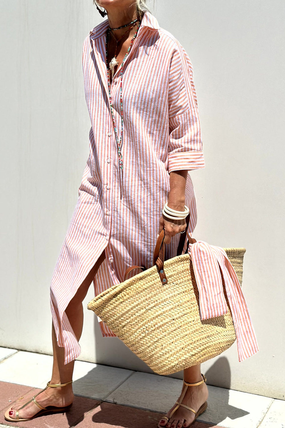 Camila | Stylish Striped Slit Shirt Dress Pink