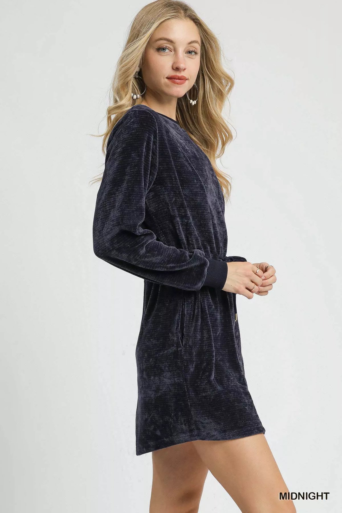Velvet Crew Neck Long Sleeve Drawstring Waist Mini Dress 2