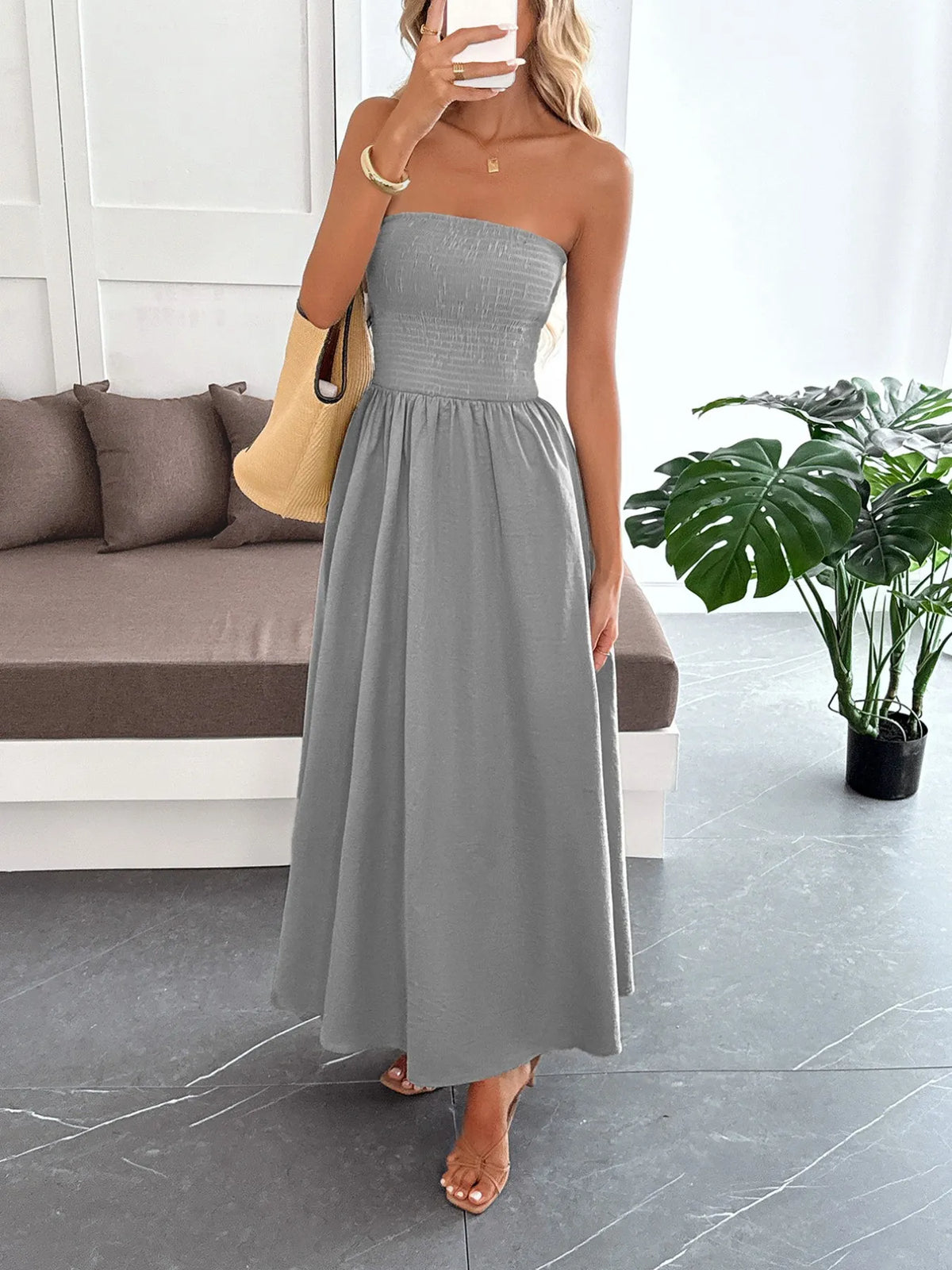 Strapless Smocked Bodice A-Line Tube Maxi Dress 5