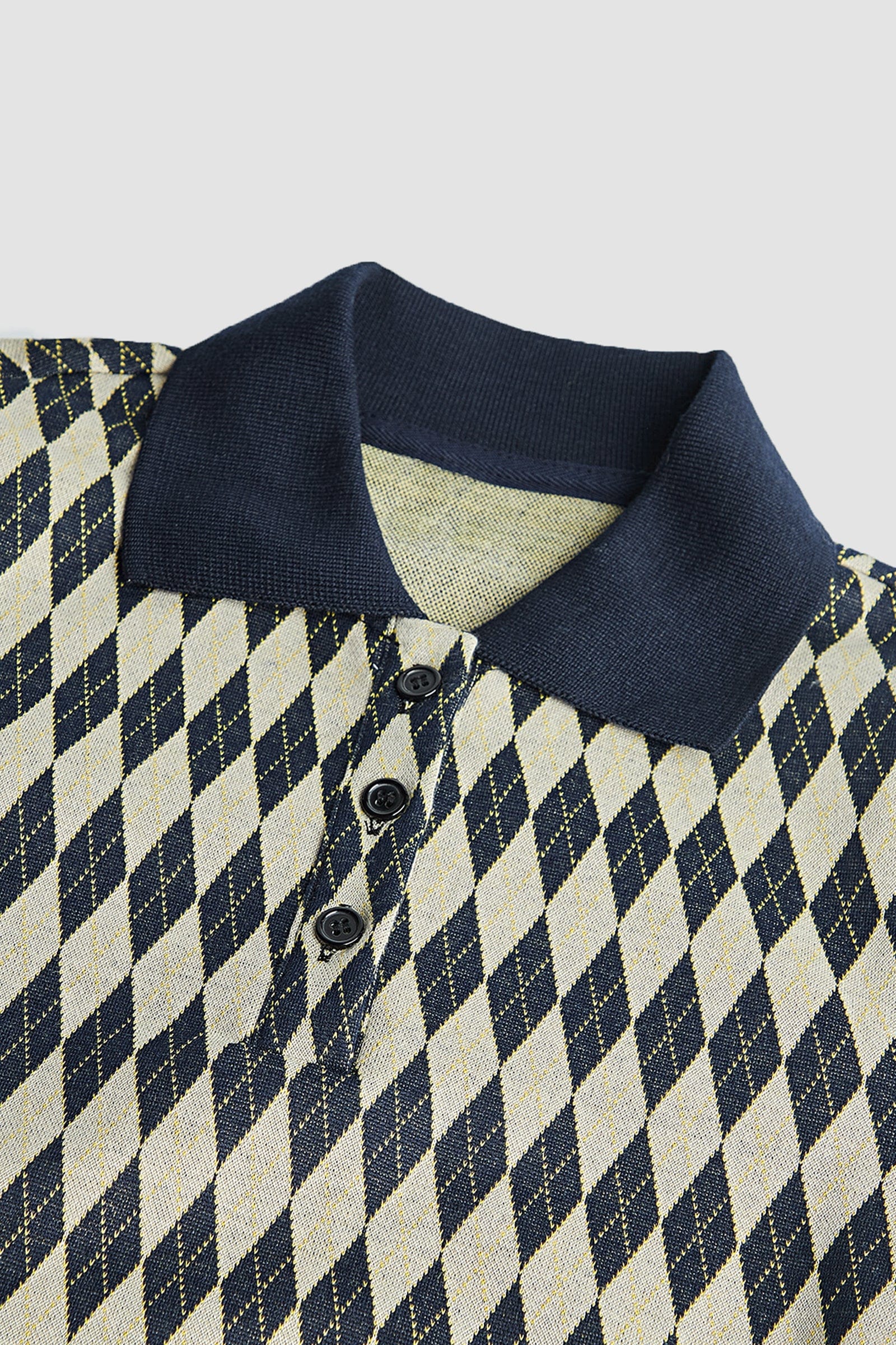 Argyle Knit Polo Collar Puff Sleeve Contrast Trim Mini Dress