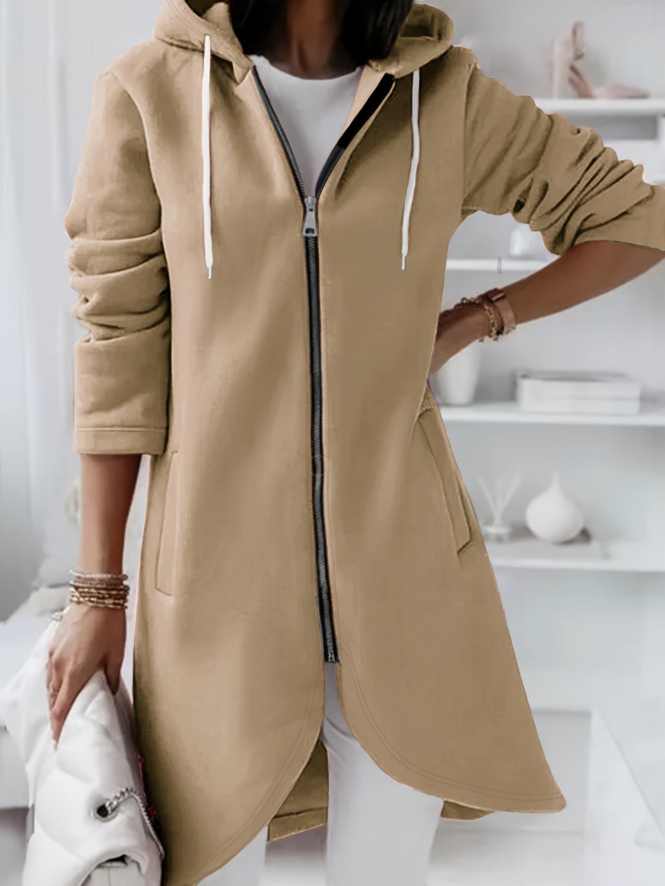 Solid Zipper Drawstring Midi Hooded Jacket