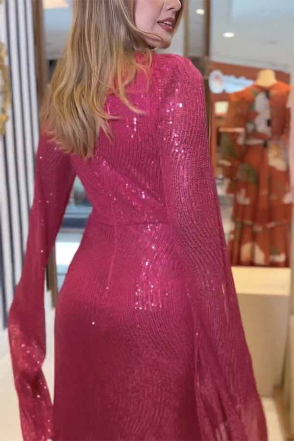 Sequin Deep V-Neck Cape Sleeve Twist Waist Maxi Dress