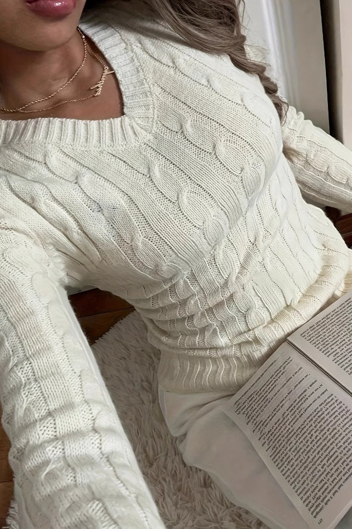 Casual Cable Knit V Neck Sweater