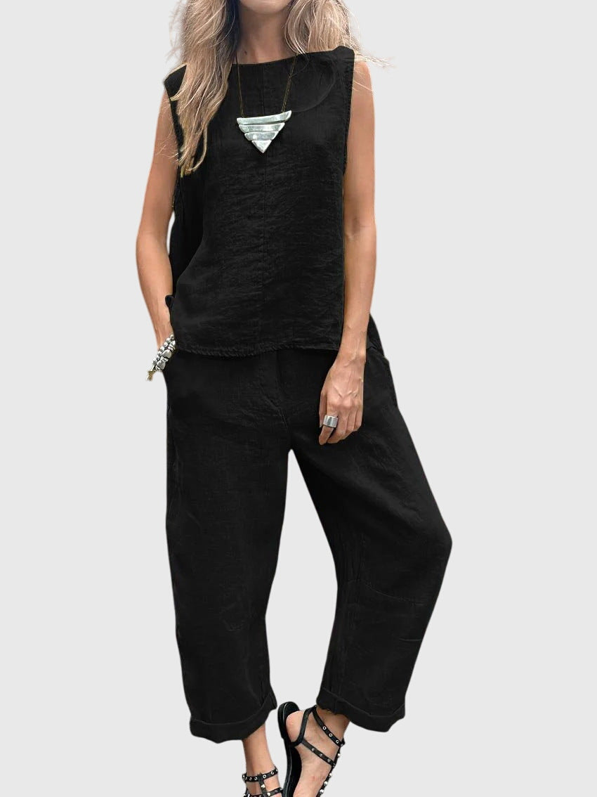 Sleeveless Round Neck Top and Wide Leg Crop Pants Two Piece Set