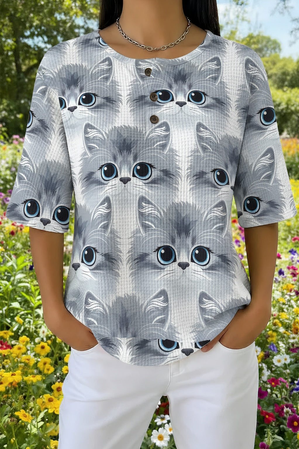 Womens Blue Plaid Cat Face Print Casual Shirt
