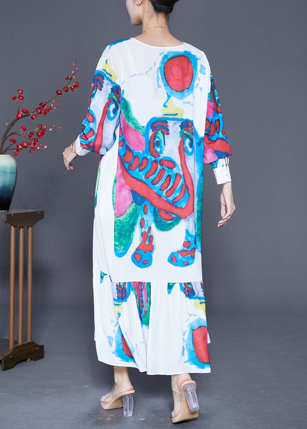Abstract Print Long Sleeve V-Neck Tiered Ruffle Oversized Maxi Dress