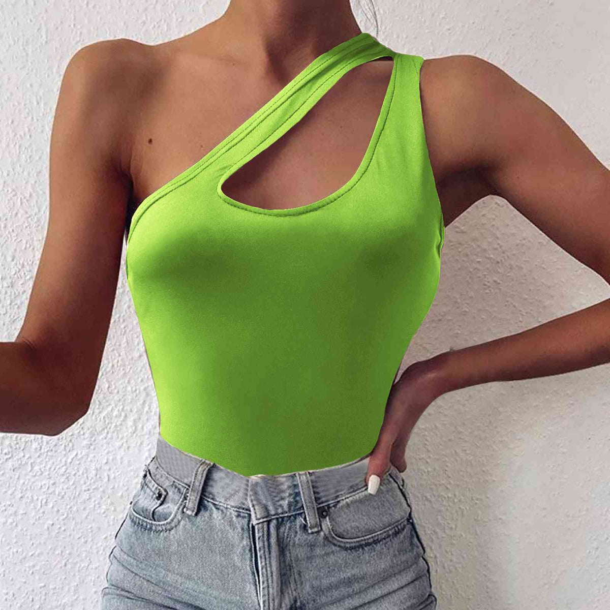 One Shoulder Asymmetric Cut Out Sleeveless Fitted Top 10