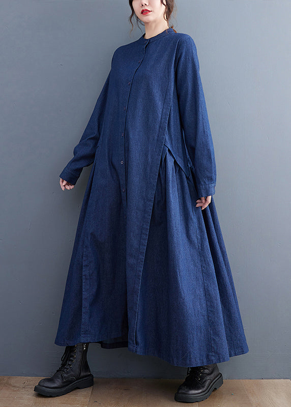 Denim Mandarin Collar Button Front Pleated Side Panel Long Sleeve Maxi Dress