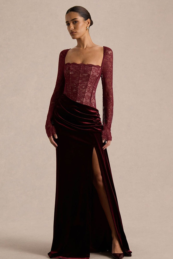 Lace Panel High Slit Long Sleeve Maxi Lace Dress