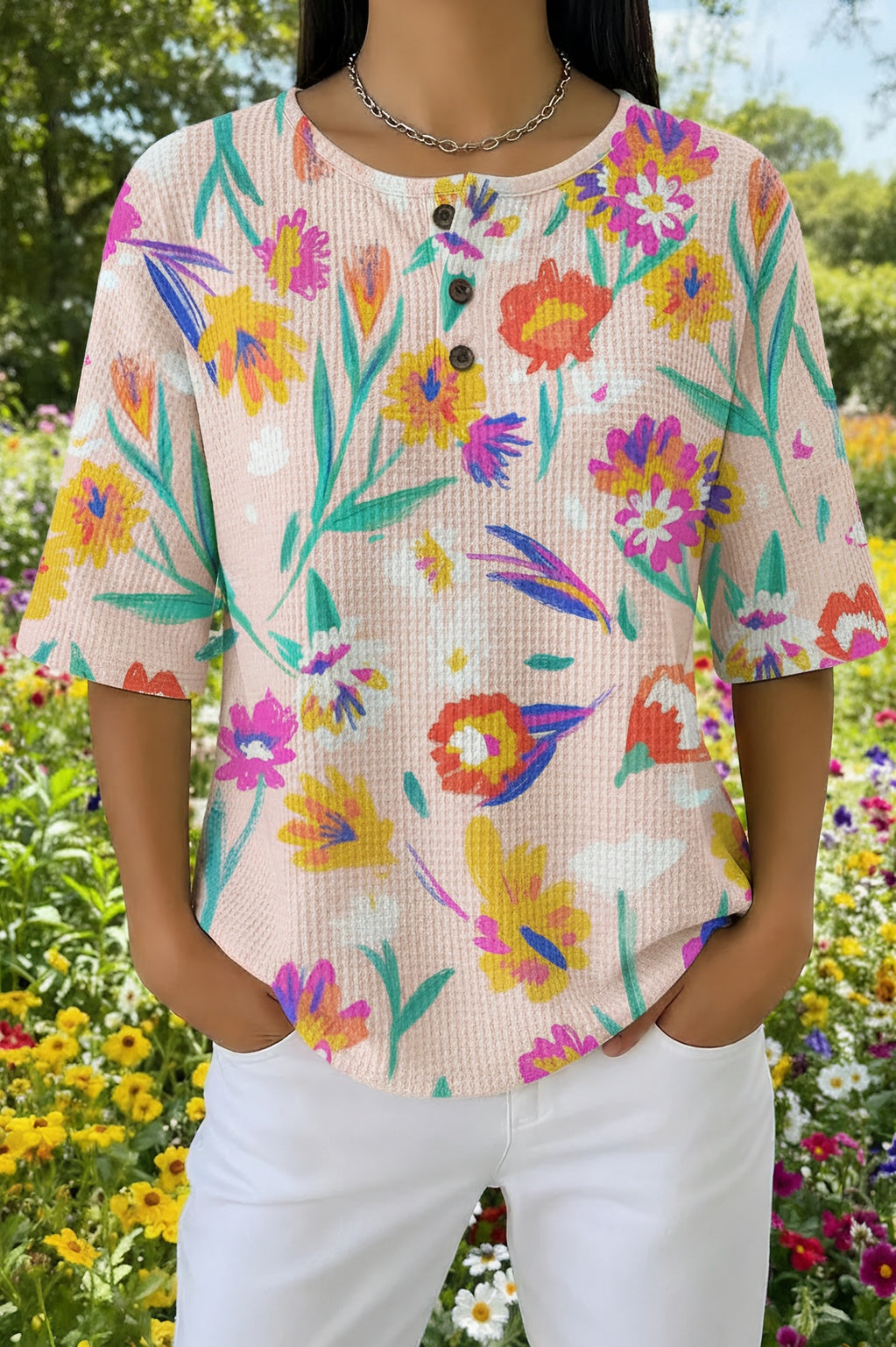 Womens Cream Multi-Color Floral Print Casual Shirt
