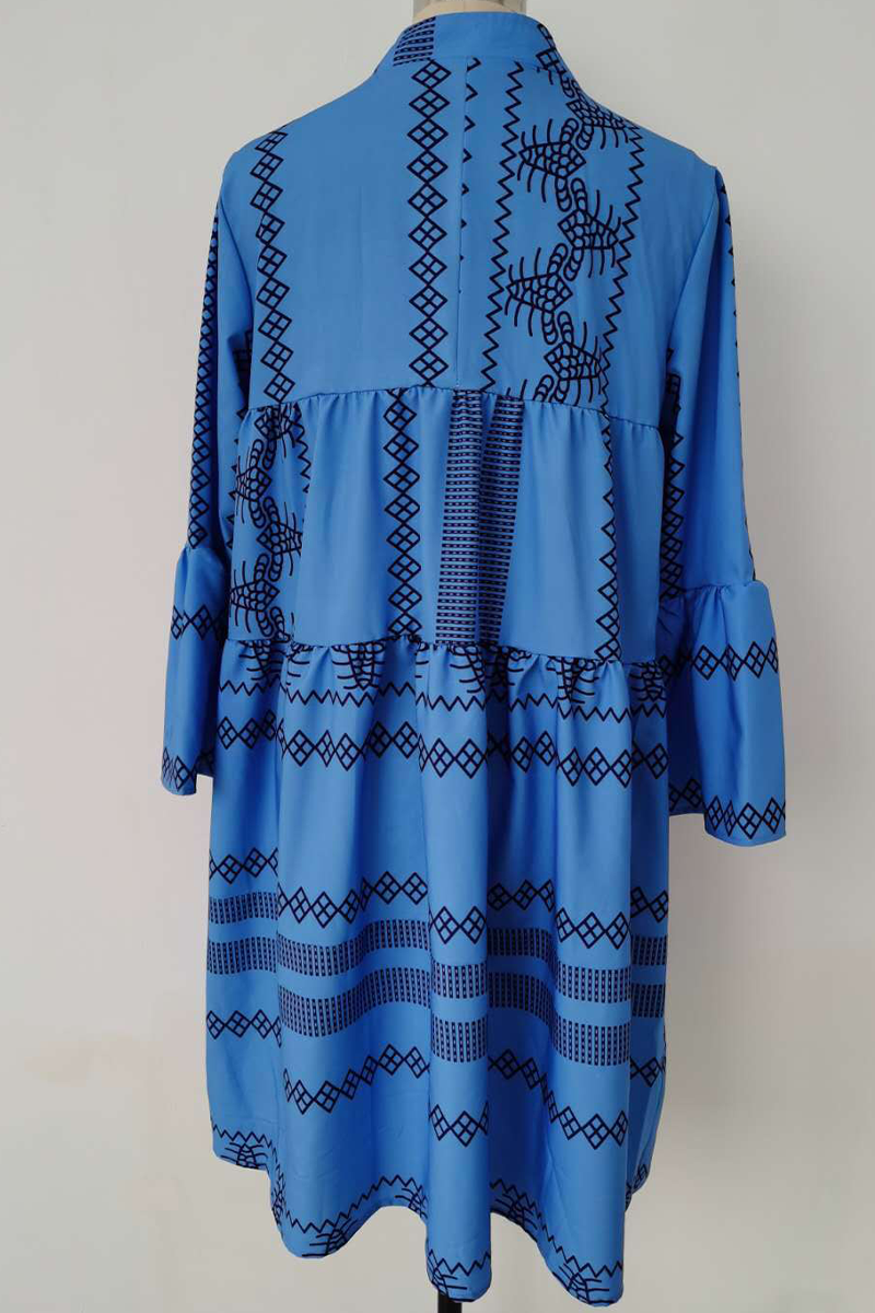 Mandarin Collar V-Neck Long Sleeve Geometric Print Tiered Mini Dress