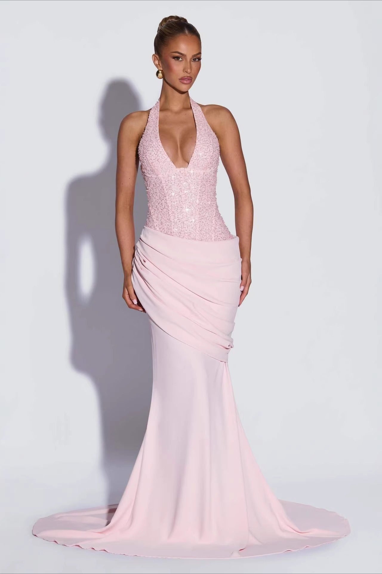 Sequin Patch Halter Deep V Ruched Train Maxi Bodycon Dress